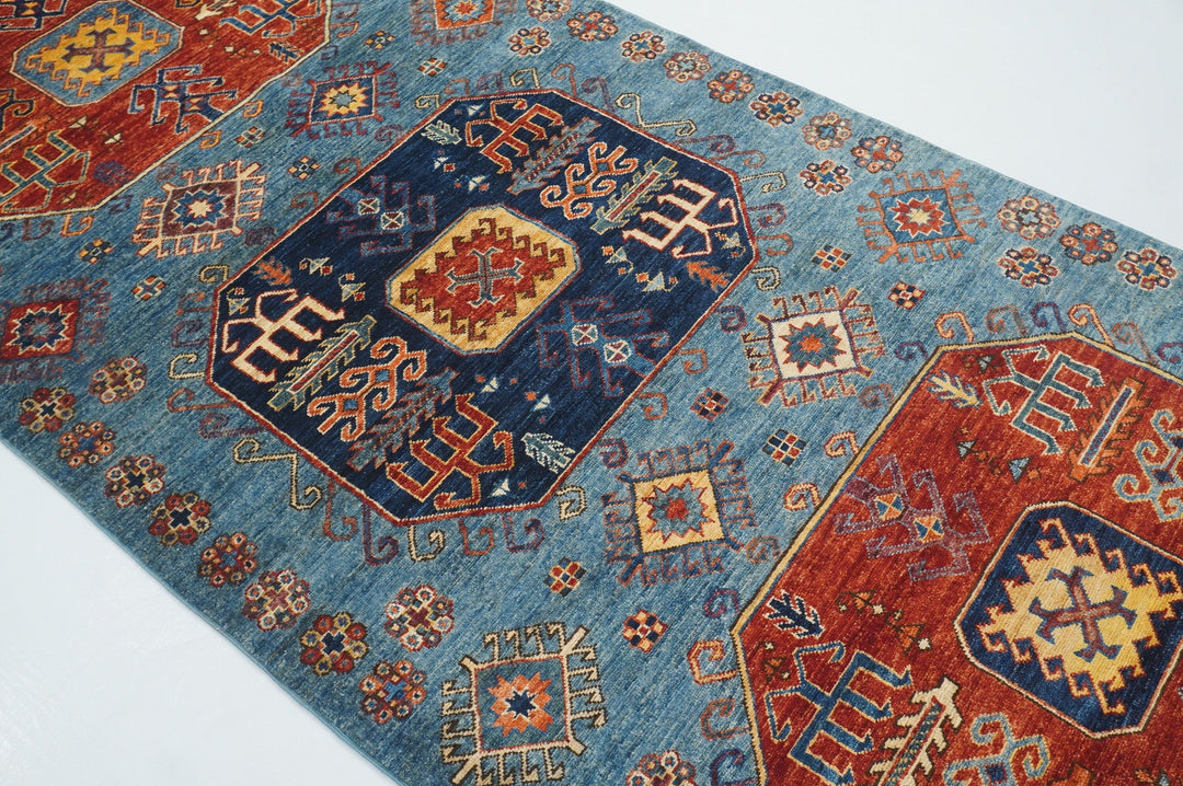 4x10 Blue Kazak Tribal Caucasian Afghan Hand knotted Wide Runner Rug - Yildiz Rugs