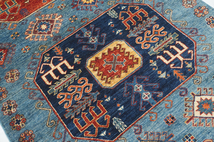 4x10 Blue Kazak Tribal Caucasian Afghan Hand knotted Wide Runner Rug - Yildiz Rugs