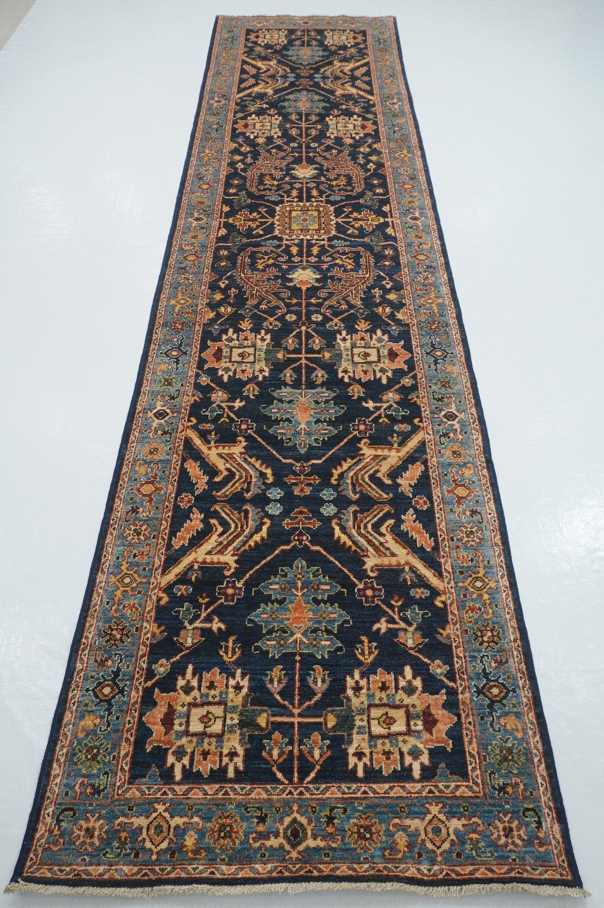 13 ft Heriz Navy Blue Traditional Afghan Hand knotted Oriental Runner Rug - Yildiz Rugs