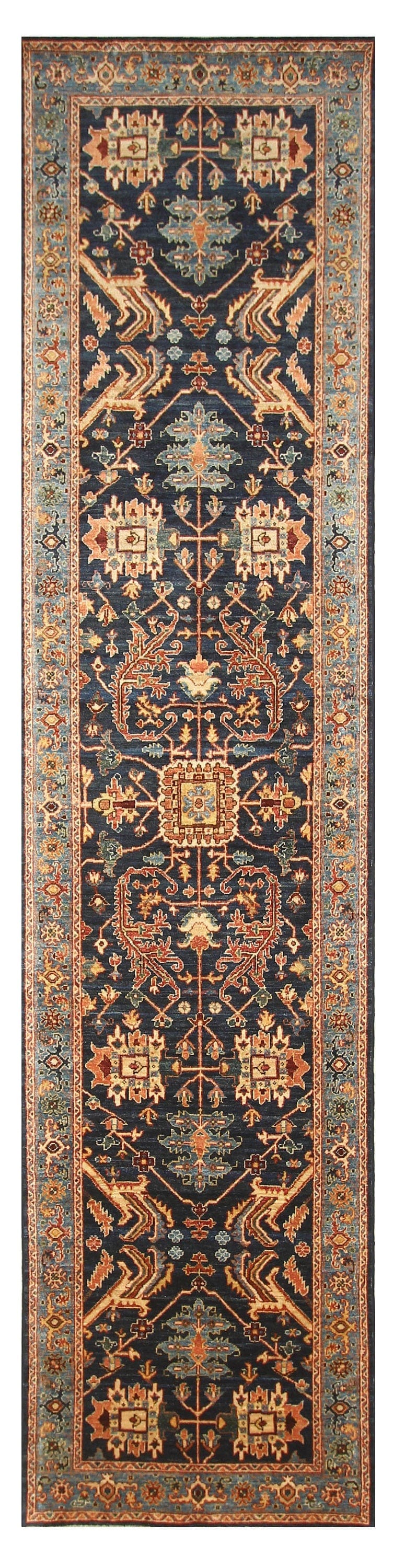13 ft Heriz Navy Blue Traditional Afghan Hand knotted Oriental Runner Rug - Yildiz Rugs