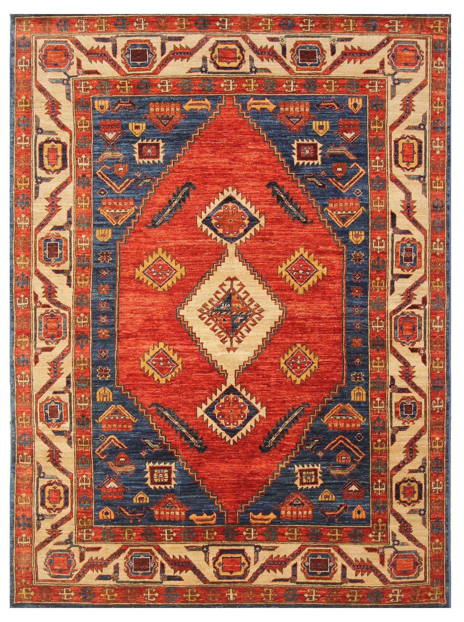 5x7 Serapi Red Blue Afghan Hand knotted Wool Area Rug - Yildiz Rugs