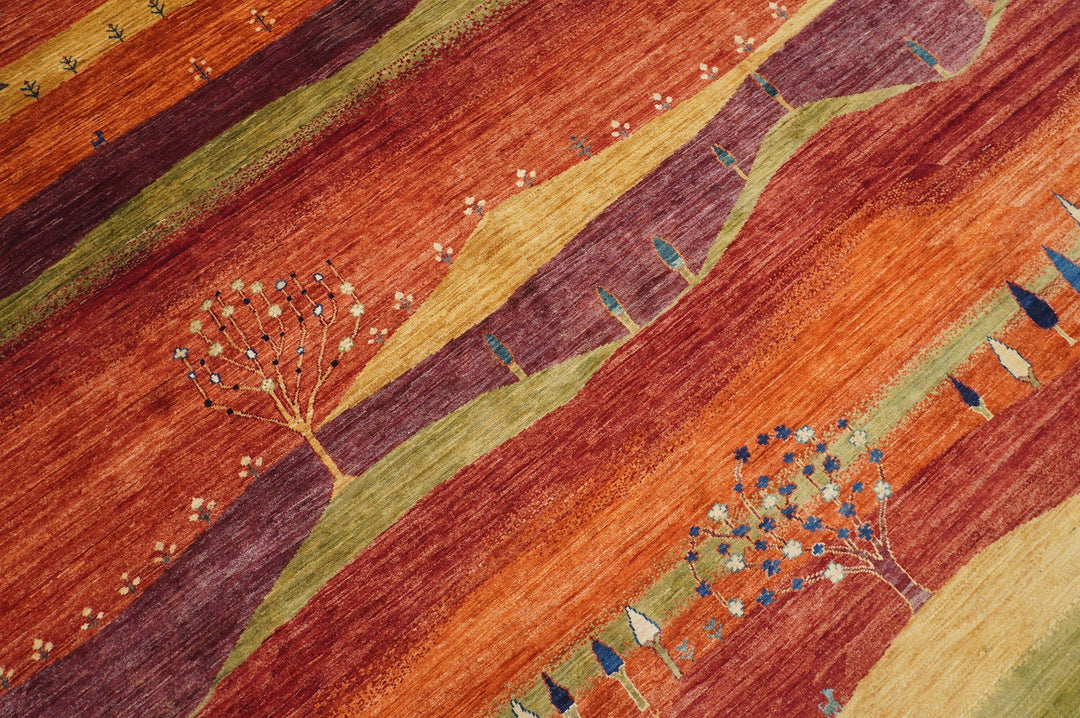8x10 Gabbeh Red Orange Tribal Landscape Afghan Hand knotted Area Rug