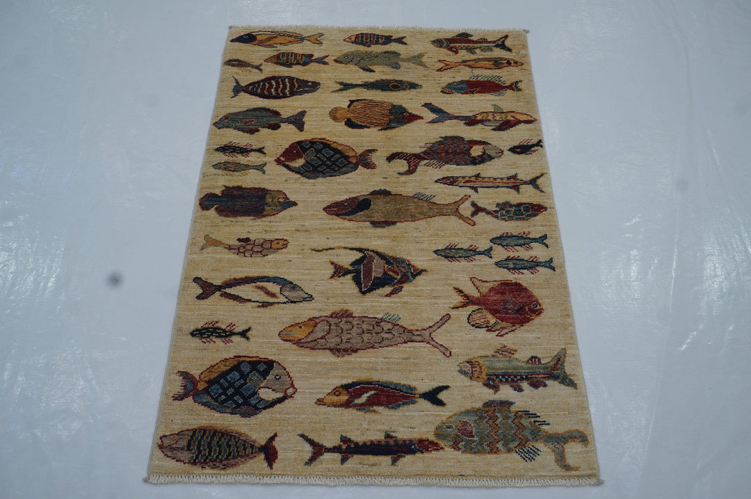 3x4 Beige Fish Gabbeh Afghan Hand knotted Wool Accent Rug