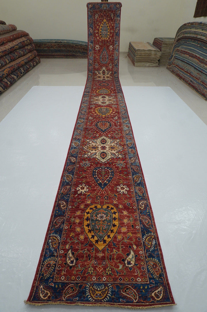 23 Ft Red Suzani  Afghan Hand Knotted Wool Extra Long Runner Rug - Yildiz Rugs