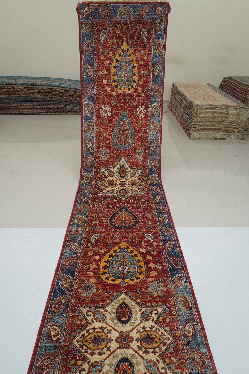 23 Ft Red Suzani  Afghan Hand Knotted Wool Extra Long Runner Rug - Yildiz Rugs