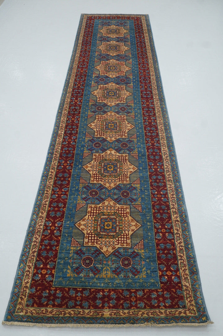 12 ft Mamluk Blue Hand knotted Wool Turkish Runner Rug