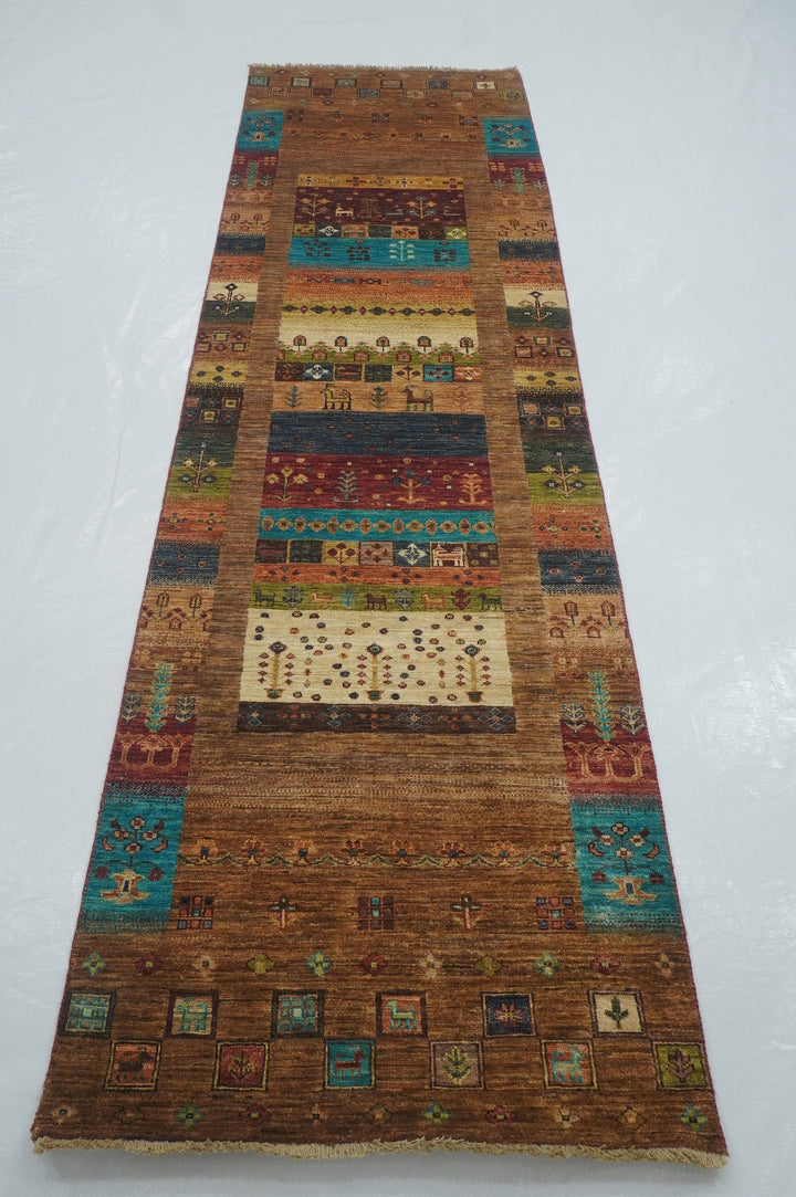 10 ft Brown Gabbeh Kashkuli Afghan Hand knotted Wool Tribal runner rug - Yildiz Rugs