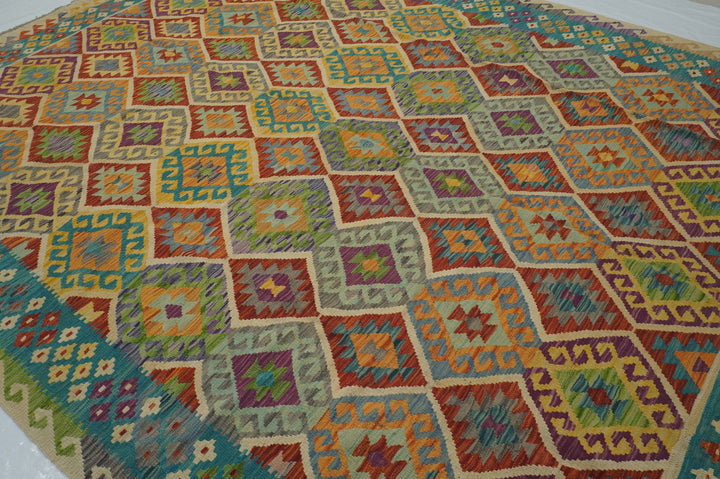 8'6x11'0 Beige Afghan Hand Woven Veg dyes Wool Bohemian Kilim Area Rug