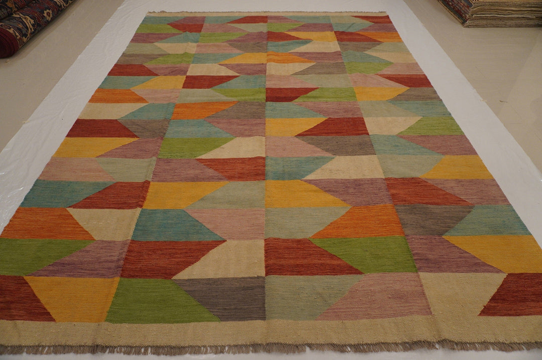 8'5x11'4 Modern Multicolor Afghan Hand Woven Wool Kilim Area Rug - Yildiz Rugs