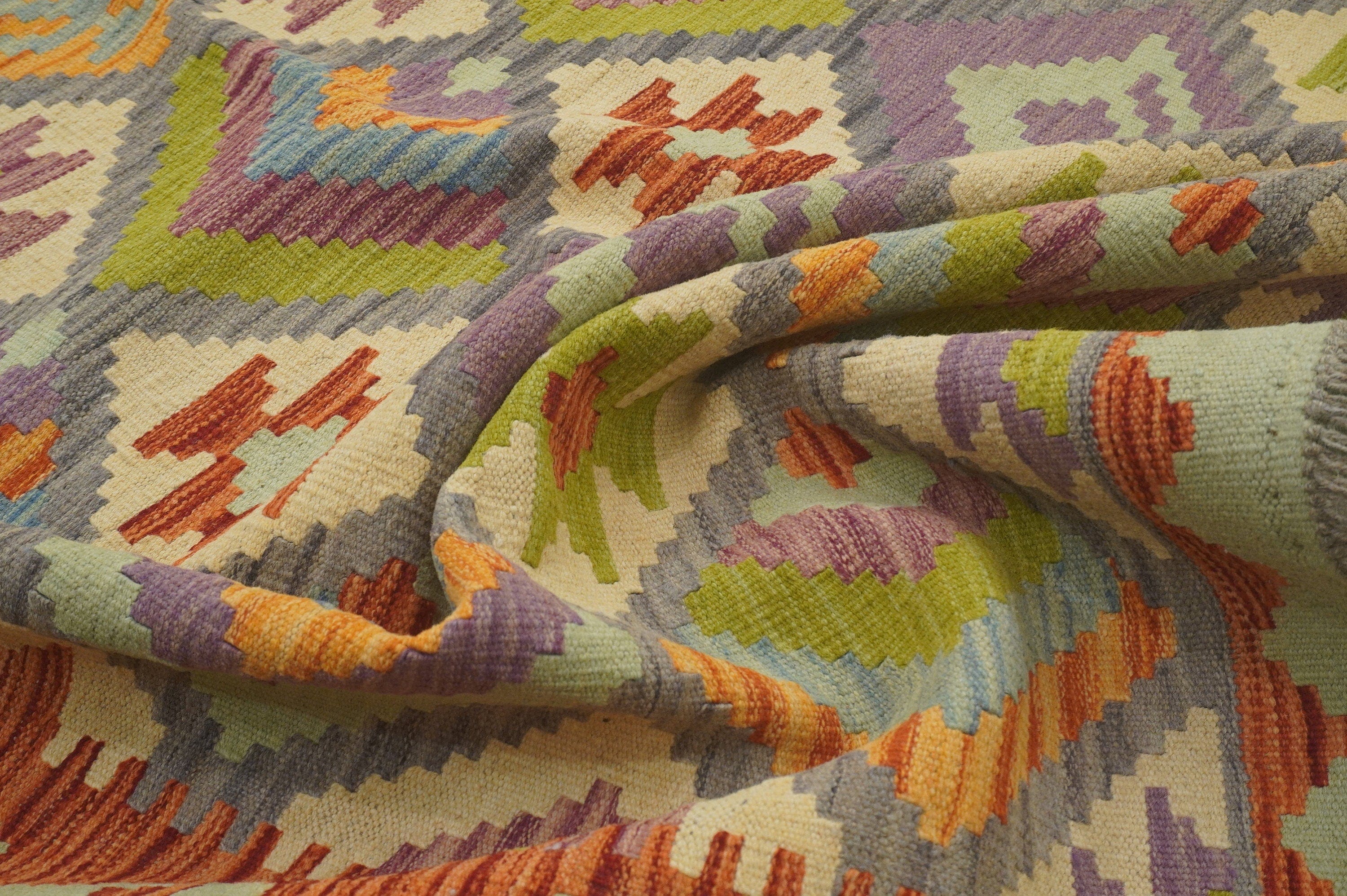 8'4x11'1 Gray Afghan Hand Woven Wool Bohemian Kilim Area Rug - Yildiz Rugs