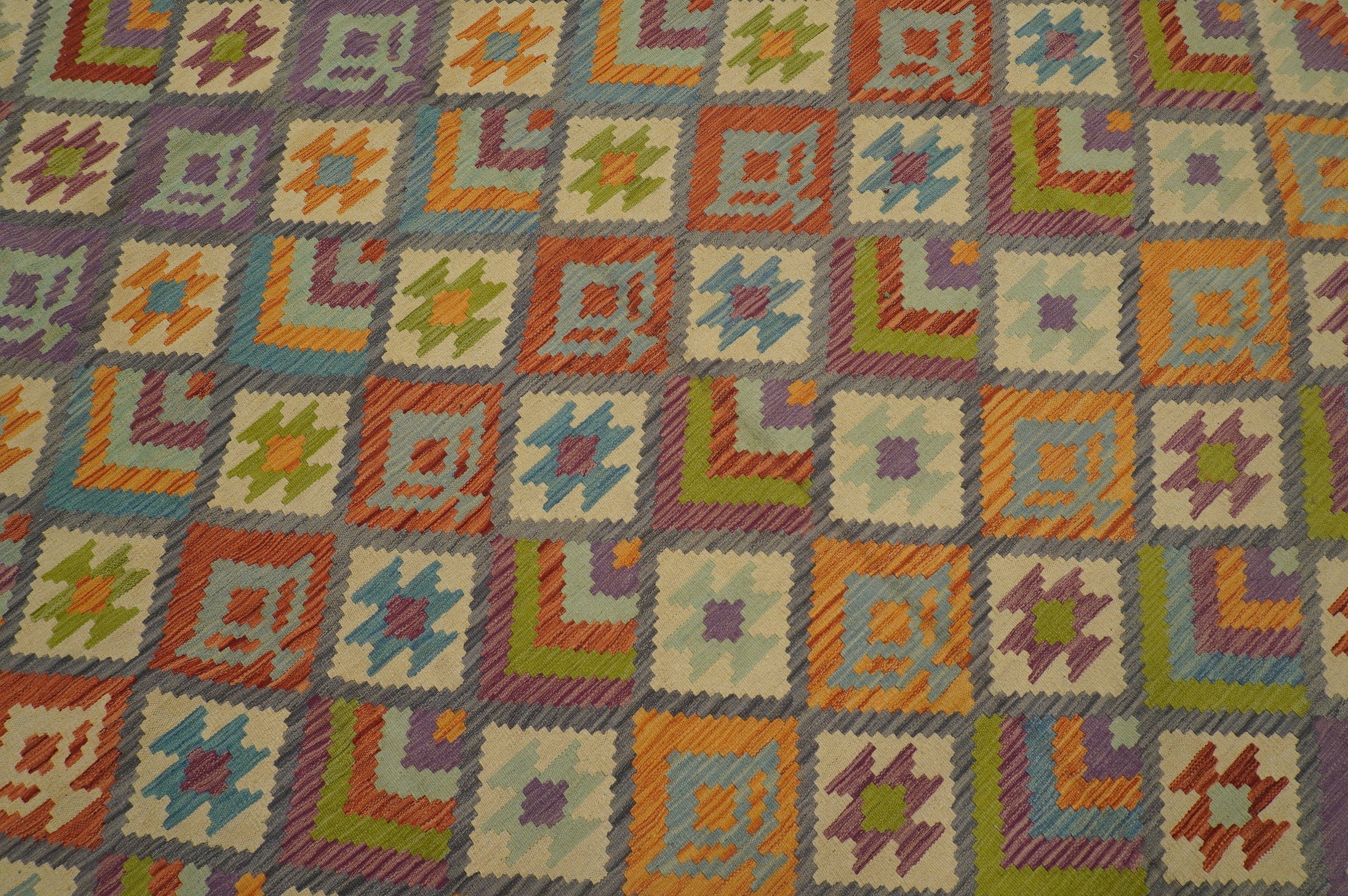 8'4x11'1 Gray Afghan Hand Woven Wool Bohemian Kilim Area Rug - Yildiz Rugs