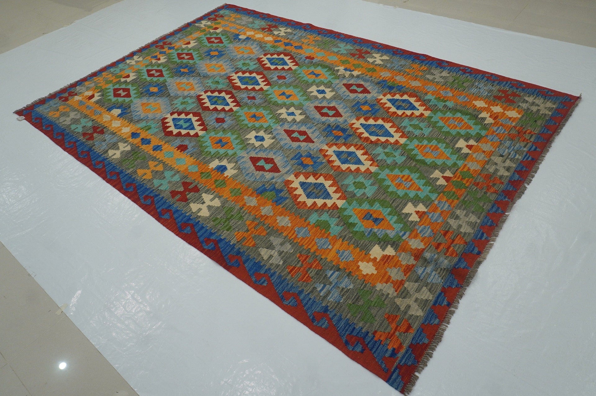 7x10 Boho Gray Orange Afghan Hand Woven Wool Oriental Kilim Area Rug - Yildiz Rugs