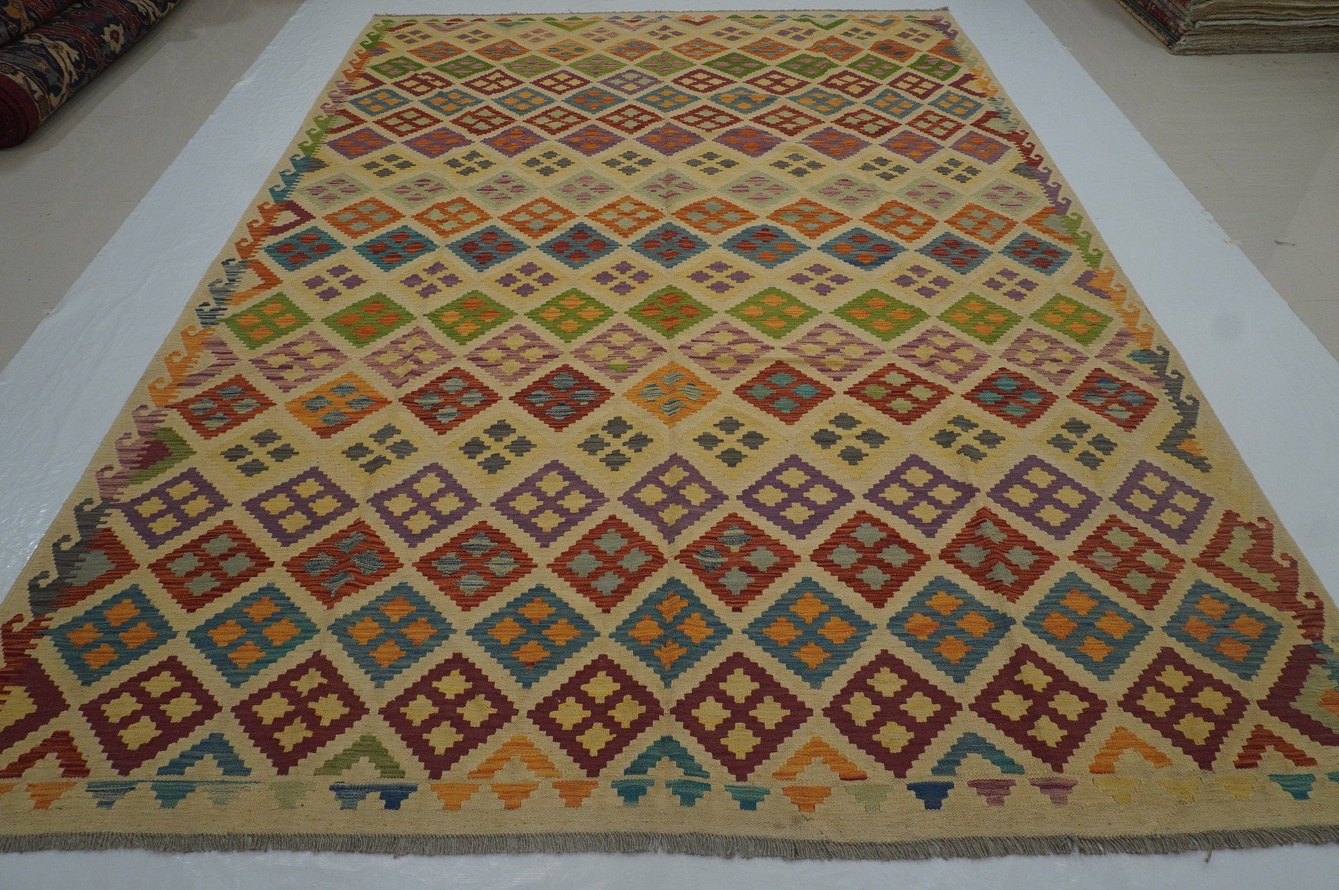 8'2x11'5 Beige Afghan Hand Woven Wool Bohemian Kilim Area Rug - Yildiz Rugs