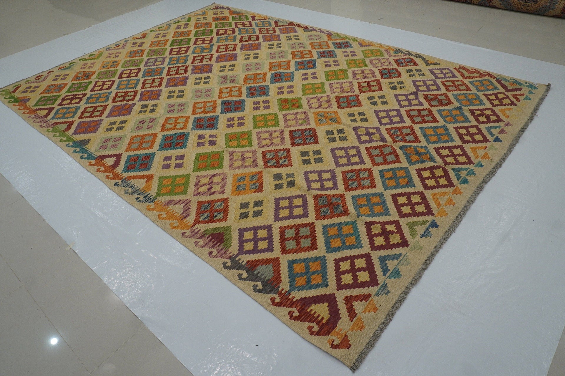 8'2x11'5 Beige Afghan Hand Woven Wool Bohemian Kilim Area Rug - Yildiz Rugs