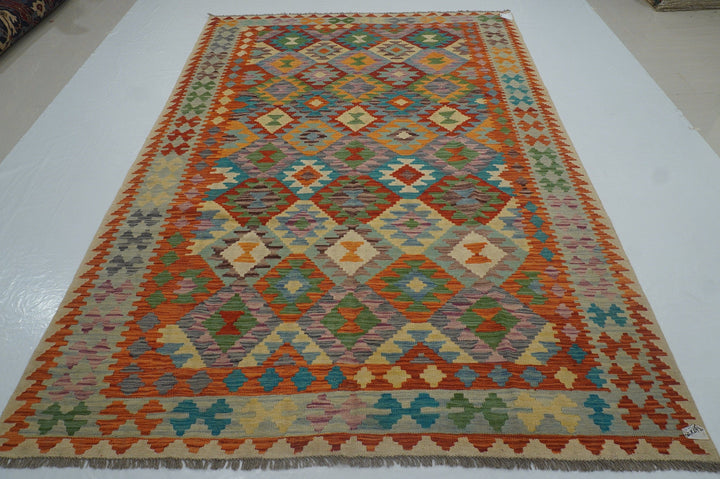 6'6x9'4 Boho Rusty Orange Afghan Hand Woven Wool Tribal Kilim Area Rug