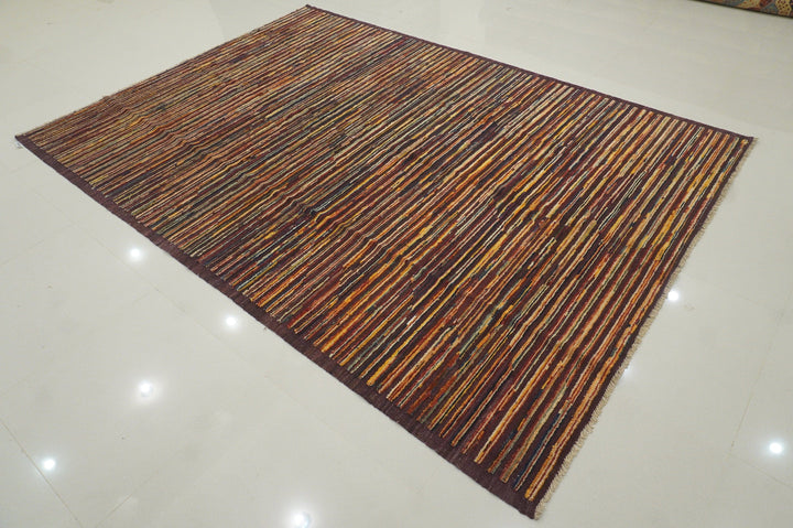 6'11"x9'9" Striped Purple Afghan Barjesta High Low weave Handmade Area Rug