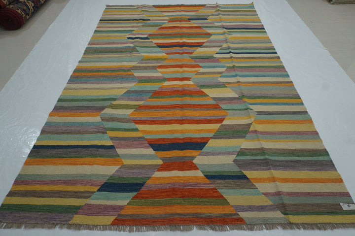 7x10 Modern Multicolor Afghan Hand Woven Wool Abstract Kilim Area Rug - Yildiz Rugs