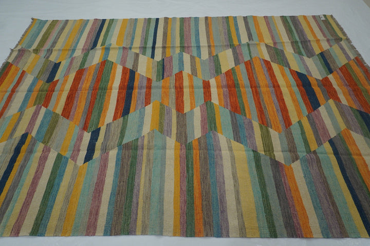 7x10 Modern Multicolor Afghan Hand Woven Wool Abstract Kilim Area Rug - Yildiz Rugs