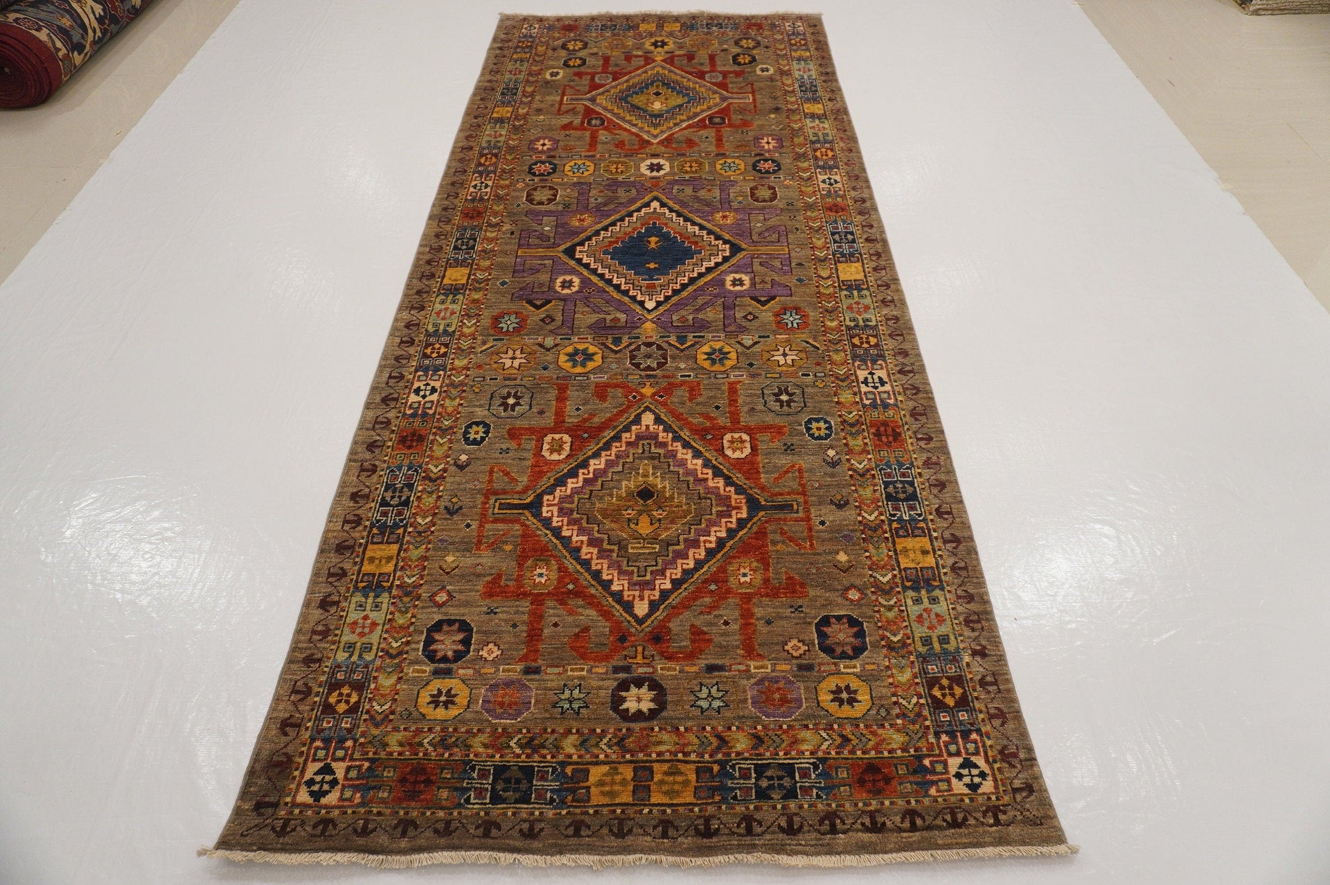 4x10 Kazak Gray Tan Afghan Hand knotted wool Wide Runner Rug - Yildiz Rugs