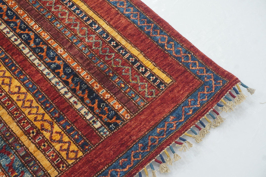 16 ft Turkish Red Bohemian Striped Hand knotted Boho Runner Rug - Yildiz Rugs