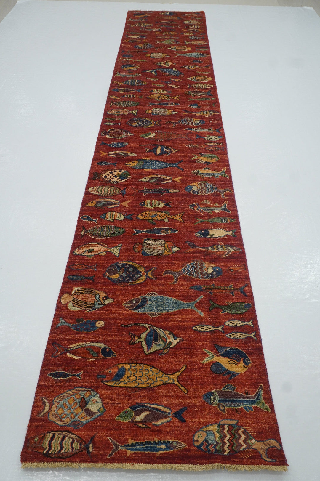 14 ft Red Fish Gabbeh Afghan Hand knotted Wool Long Runner Rug