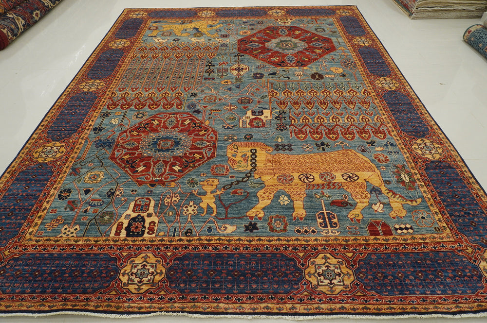 9x12 Tribal Gabbeh Blue Qashqai Afghan Hand Knotted Rug - Yildiz Rugs