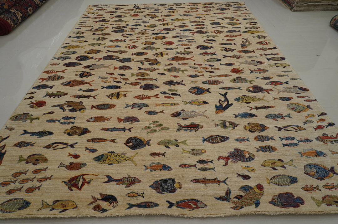 9x12 Fish Gabbeh Cream Beige Afghan Hand knotted Rug