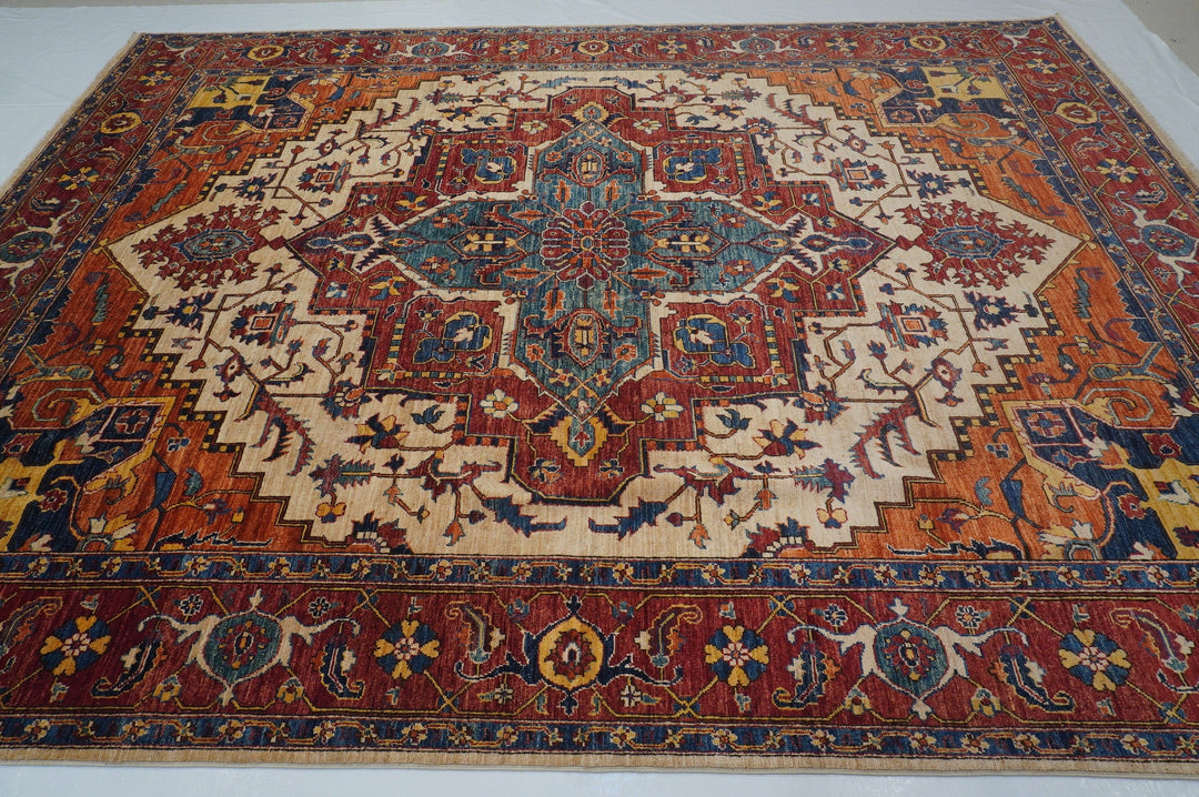 9x12 Heriz Red Beige Afghan Hand knotted Medallion Oriental Area Rug - Yildiz Rugs