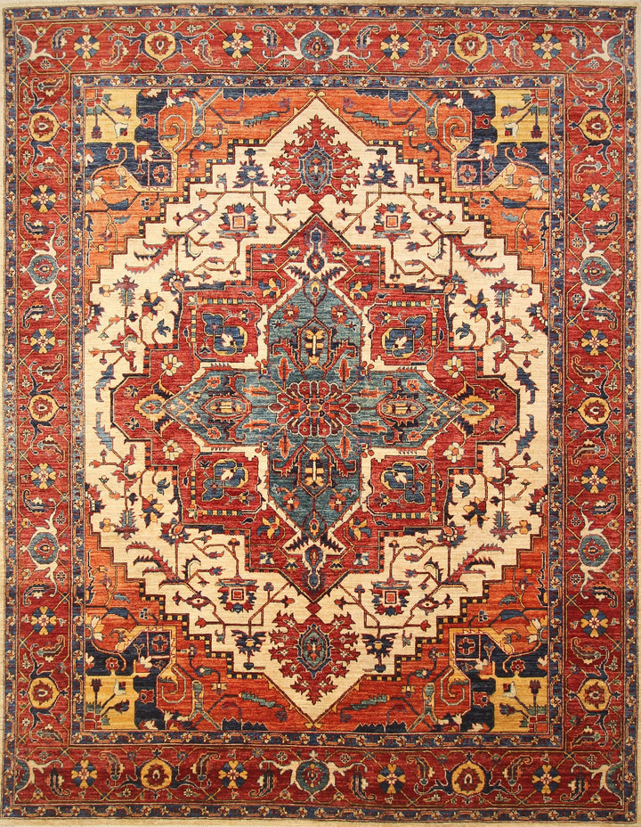 9x12 Heriz Red Beige Afghan Hand knotted Medallion Oriental Area Rug - Yildiz Rugs