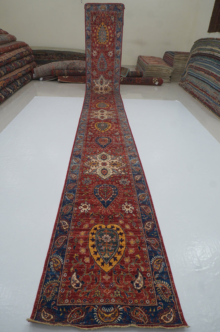 23 Ft Red Suzani Afghan Hand Knotted Extra Long Runner Rug - Yildiz Rugs