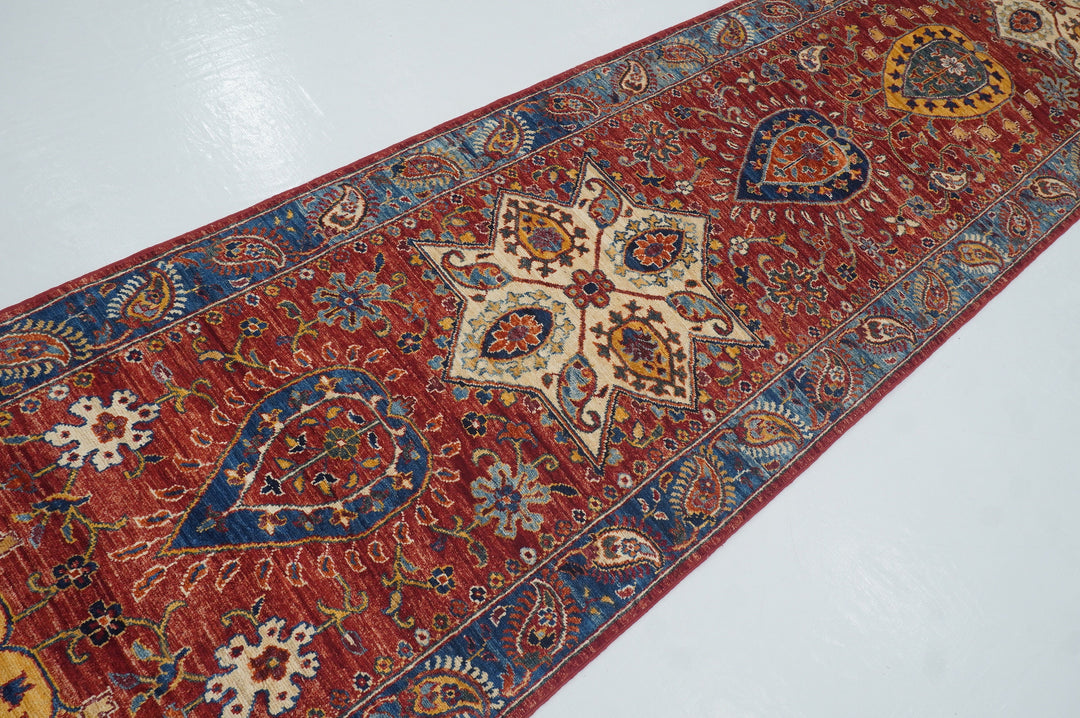 23 Ft Red Suzani Afghan Hand Knotted Extra Long Runner Rug - Yildiz Rugs