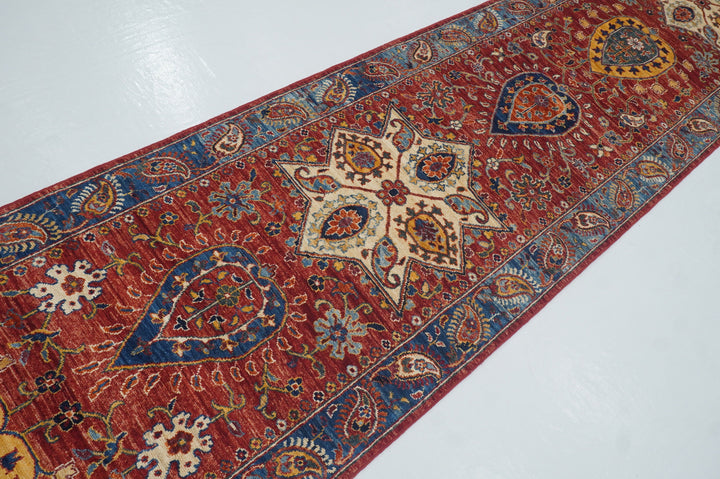 23 Ft Red Suzani Afghan Hand Knotted Extra Long Runner Rug - Yildiz Rugs