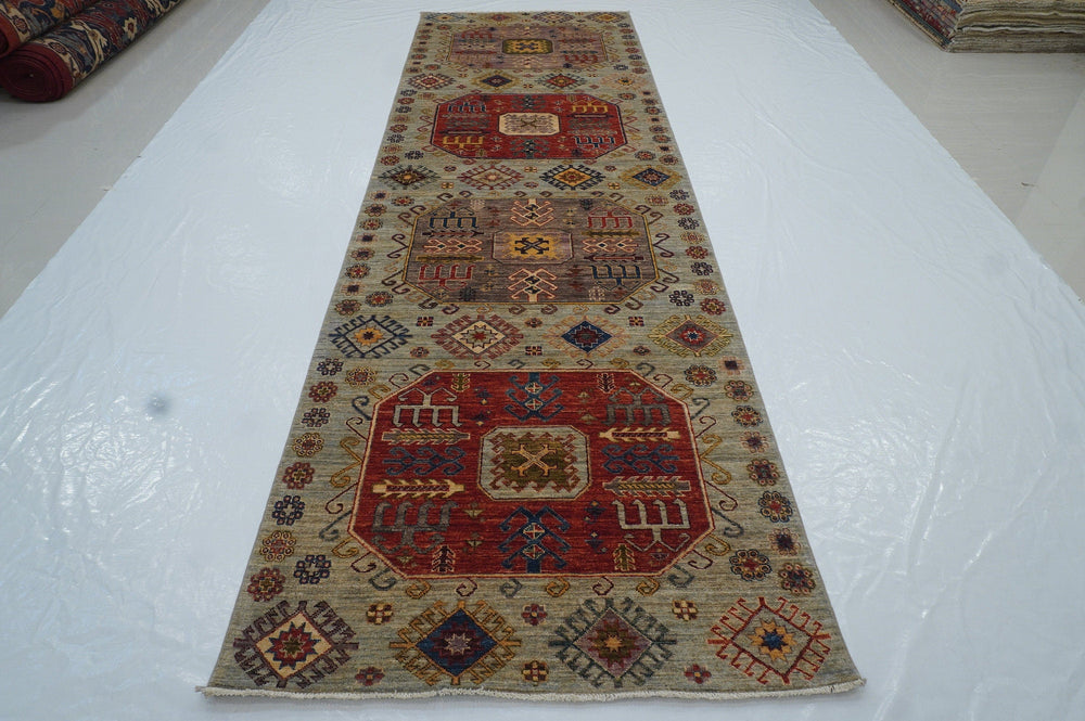 4x13 Kazak Blueish Gray Afghan Hand knotted Wool Wide Runner Rug - Yildiz Rugs