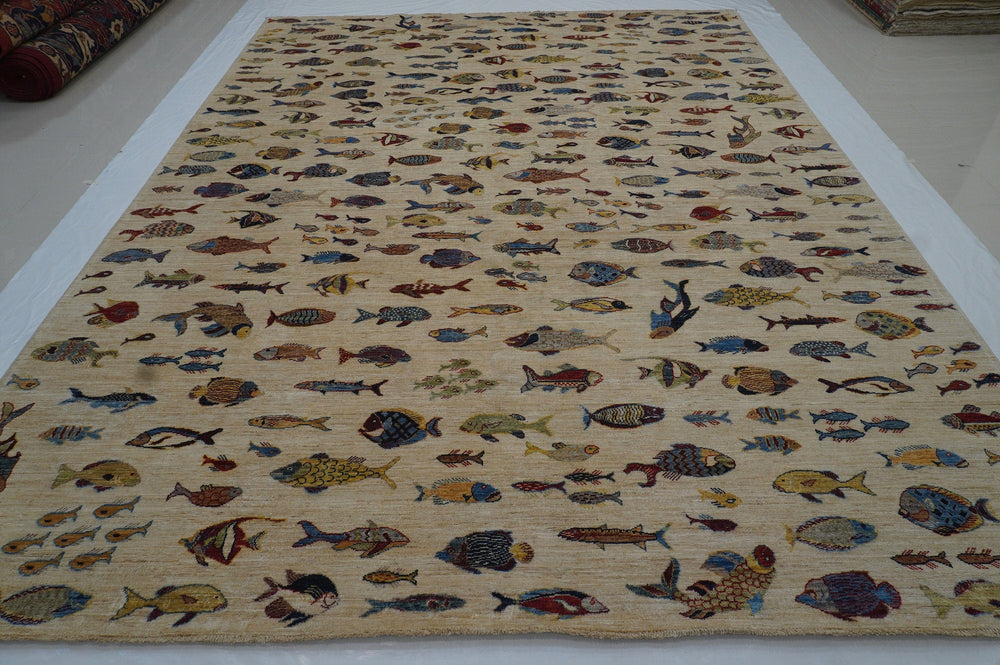 9x12 Beige Fish Gabbeh Afghan Hand knotted Veg dyes wool Area Rug - Yildiz Rugs