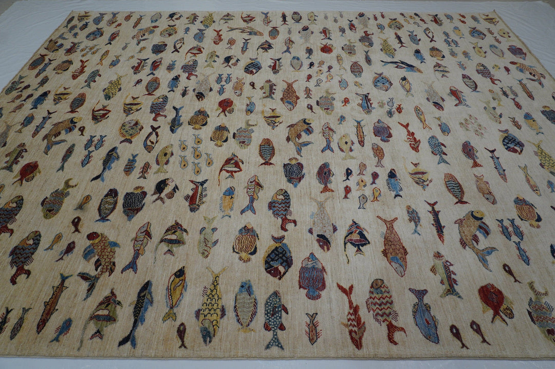 9x12 Beige Fish Gabbeh Afghan Hand knotted Veg dyes wool Area Rug