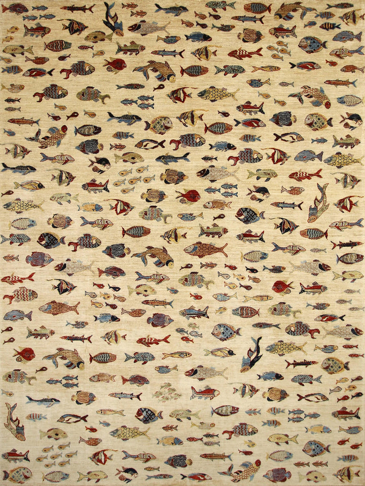 9x12 Beige Fish Gabbeh Afghan Hand knotted Veg dyes wool Area Rug - Yildiz Rugs