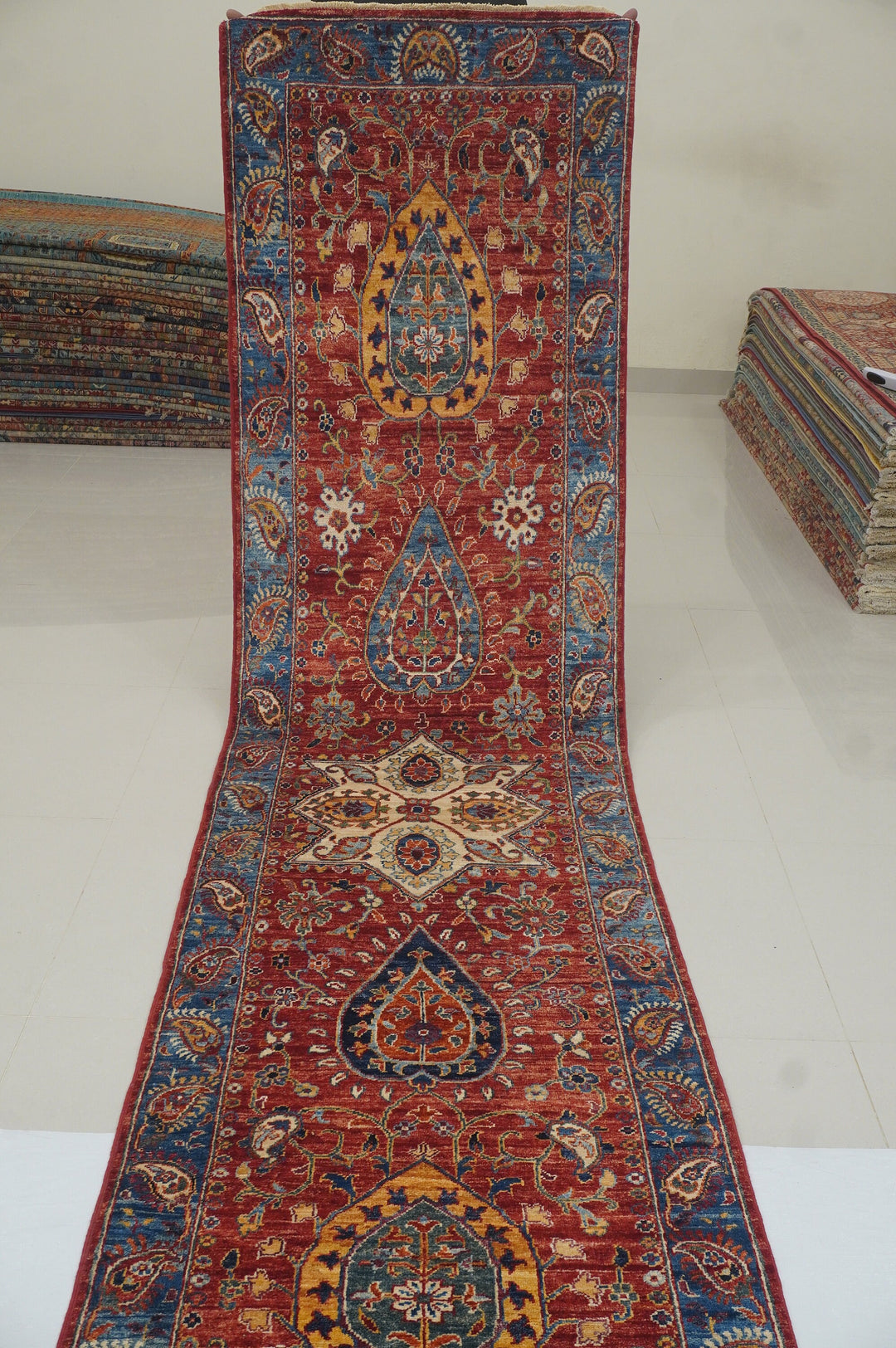 23 Ft Red Suzani Afghan Hand Knotted Extra Long Runner Rug
