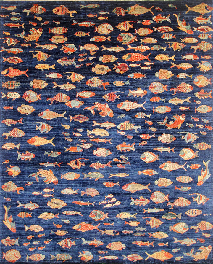 8x10 Fish Gabbeh Navy Blue Afghan Hand knotted Area Rug
