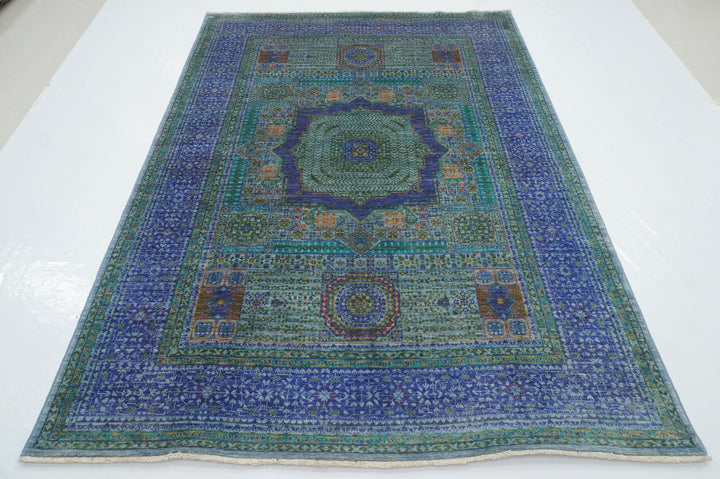 6x8 Soft Blue Mamluk Turkish Hand Knotted Medallion Area Rug - Yildiz Rugs