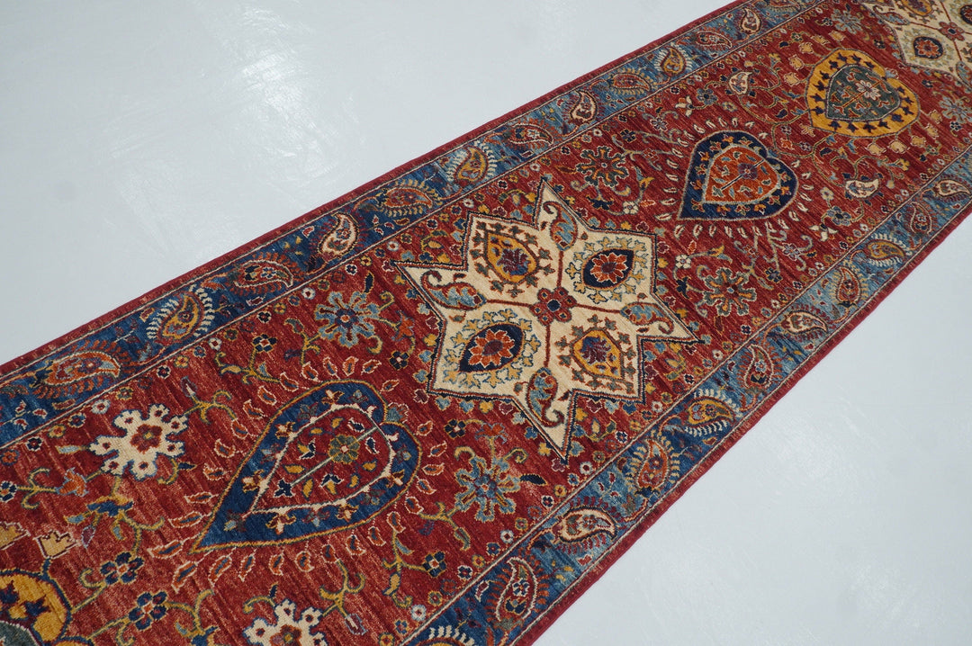 23 Ft Red Suzani  Afghan Hand Knotted Wool Extra Long Runner Rug - Yildiz Rugs