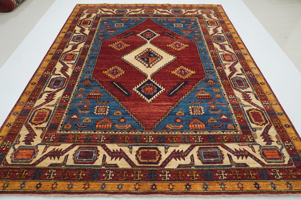 8x10 Serapi Red Blue Afghan Hand knotted Wool Oriental Area Rug - Yildiz Rugs