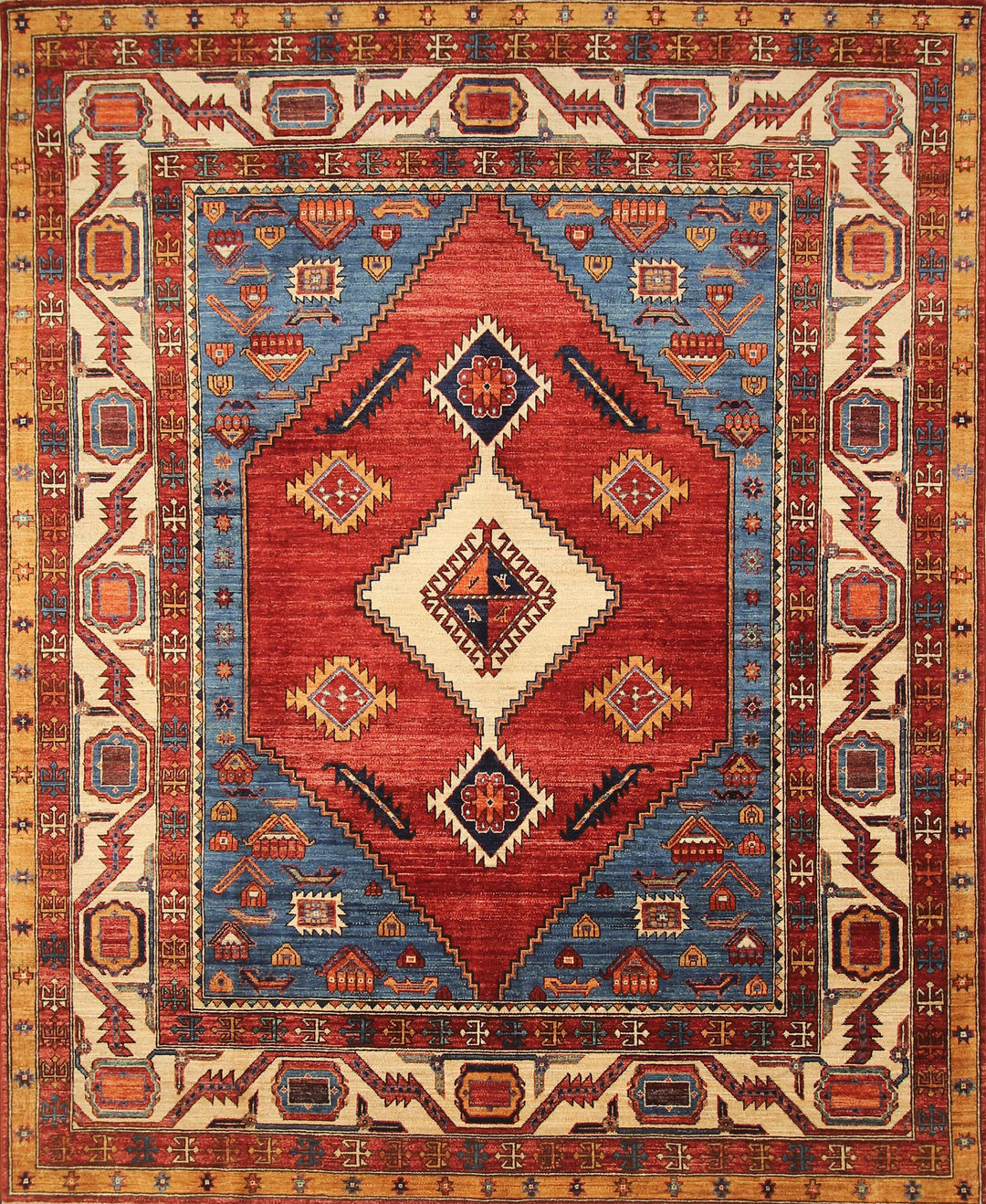 8x10 Serapi Red Blue Afghan Hand knotted Wool Oriental Area Rug - Yildiz Rugs