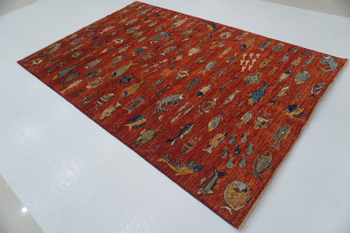 6x9 Red Fish Gabbeh Afghan Hand knotted Area Rug - Yildiz Rugs