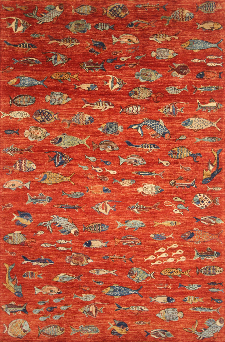 6x9 Red Fish Gabbeh Afghan Hand knotted Area Rug - Yildiz Rugs