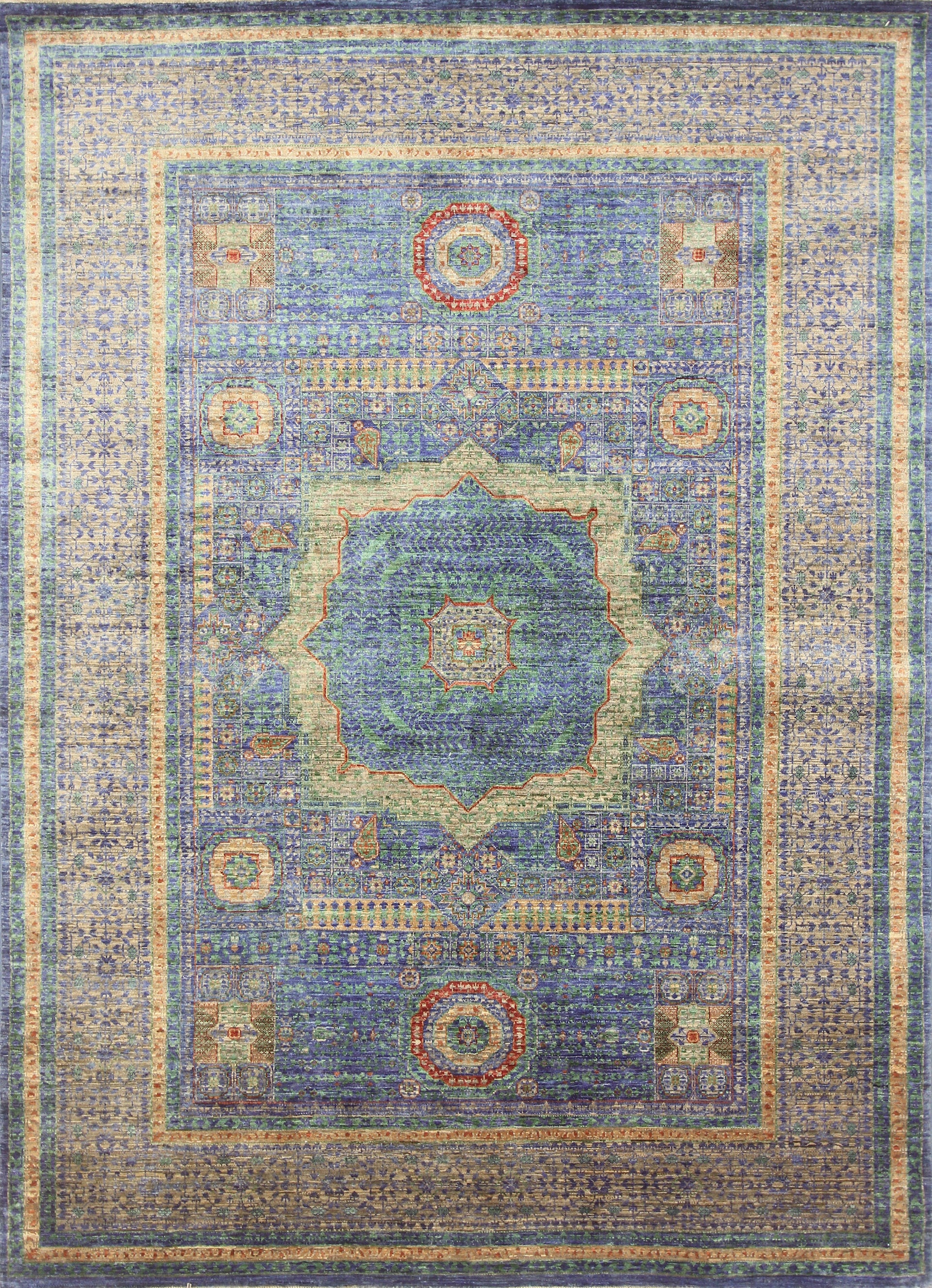 6x8 Blue Mamluk Turkish Hand Knotted Geometric Medallion Area Rug - Yildiz Rugs