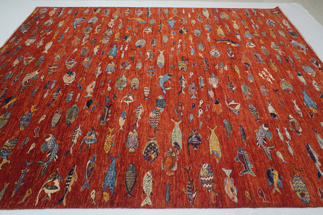 9x12 Fish Gabbeh Rusty Red Afghan Hand knotted wool Rug - Yildiz Rugs