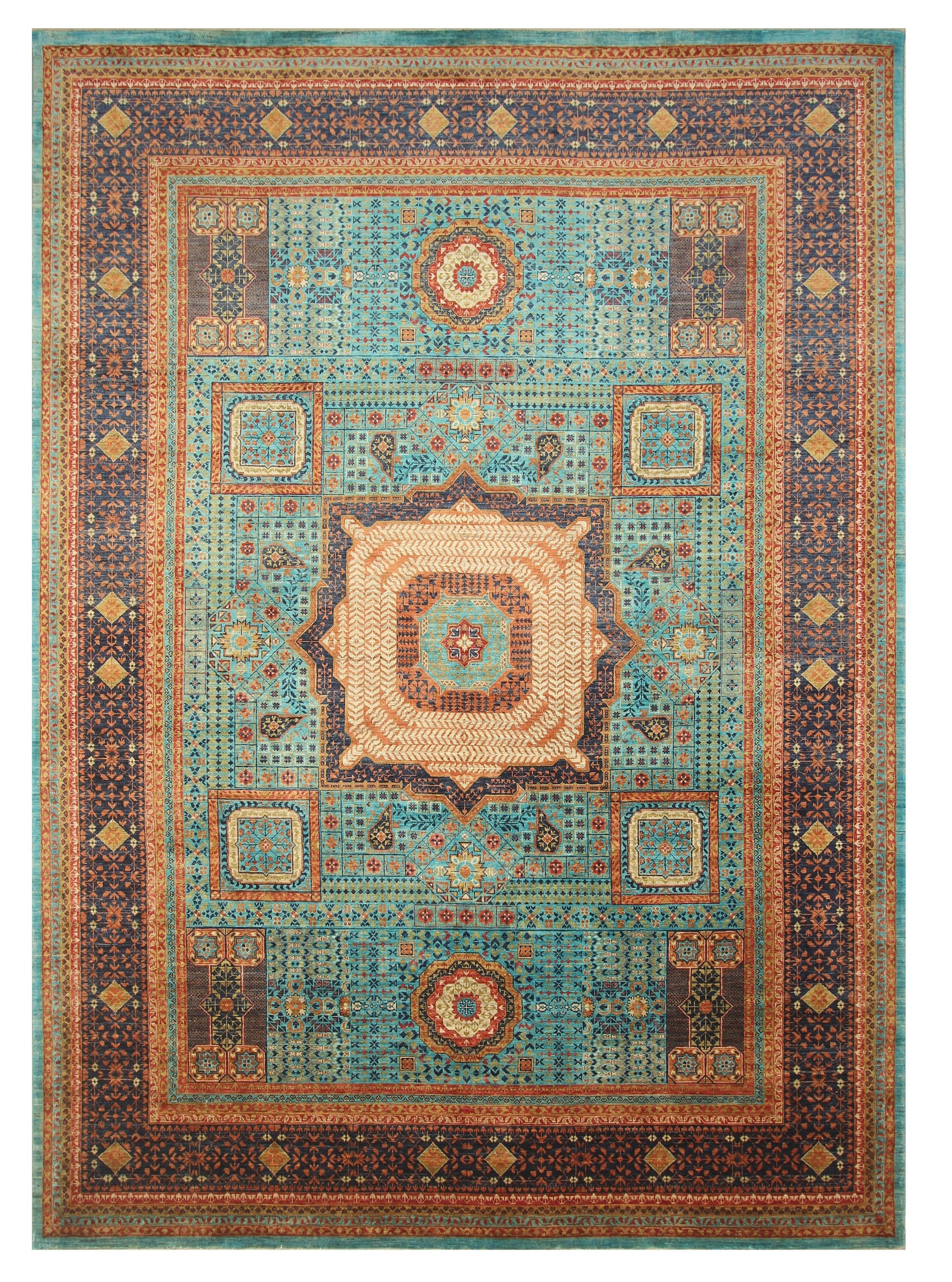 9x12 Turquoise Blue Mamluk Hand Knotted Turkish Medallion Rug - Yildiz Rugs