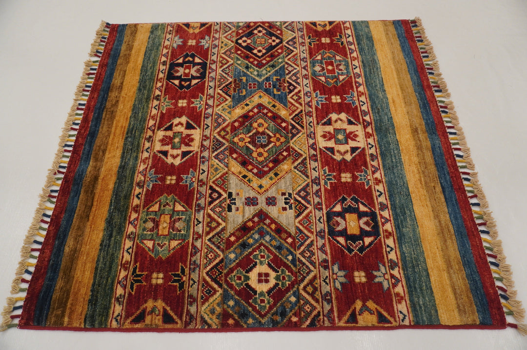 3x3 Tribal Square Red Afghan Hand knotted Wool Small Square Rug - Yildiz Rugs