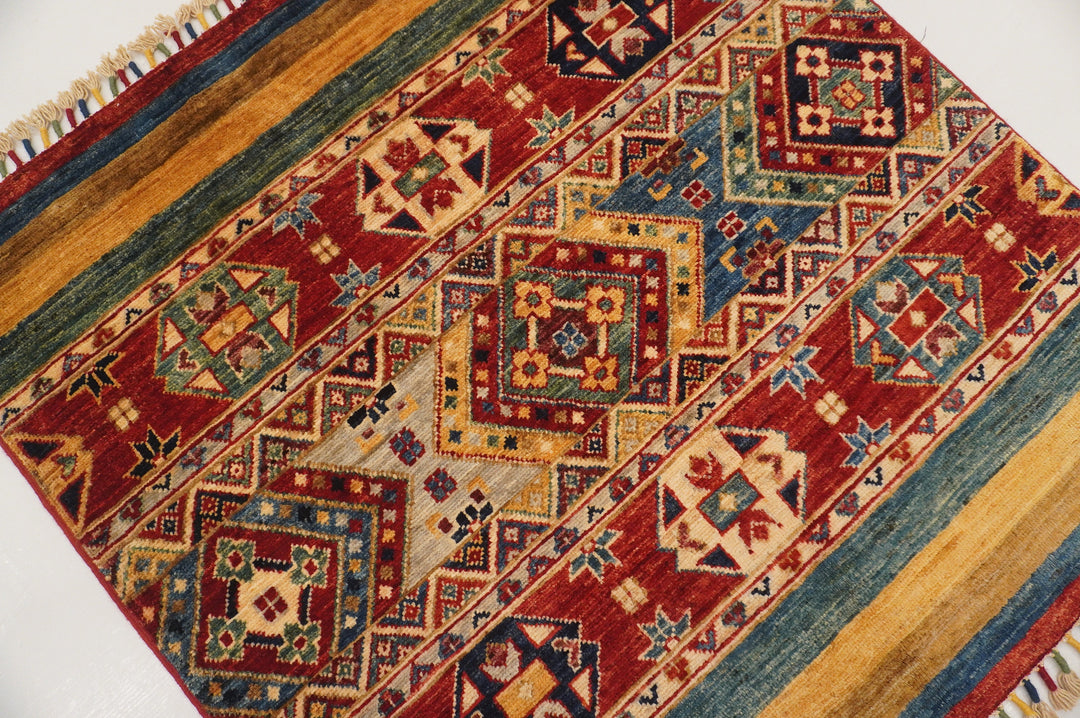 3x3 Tribal Square Red Afghan Hand knotted Wool Small Square Rug - Yildiz Rugs