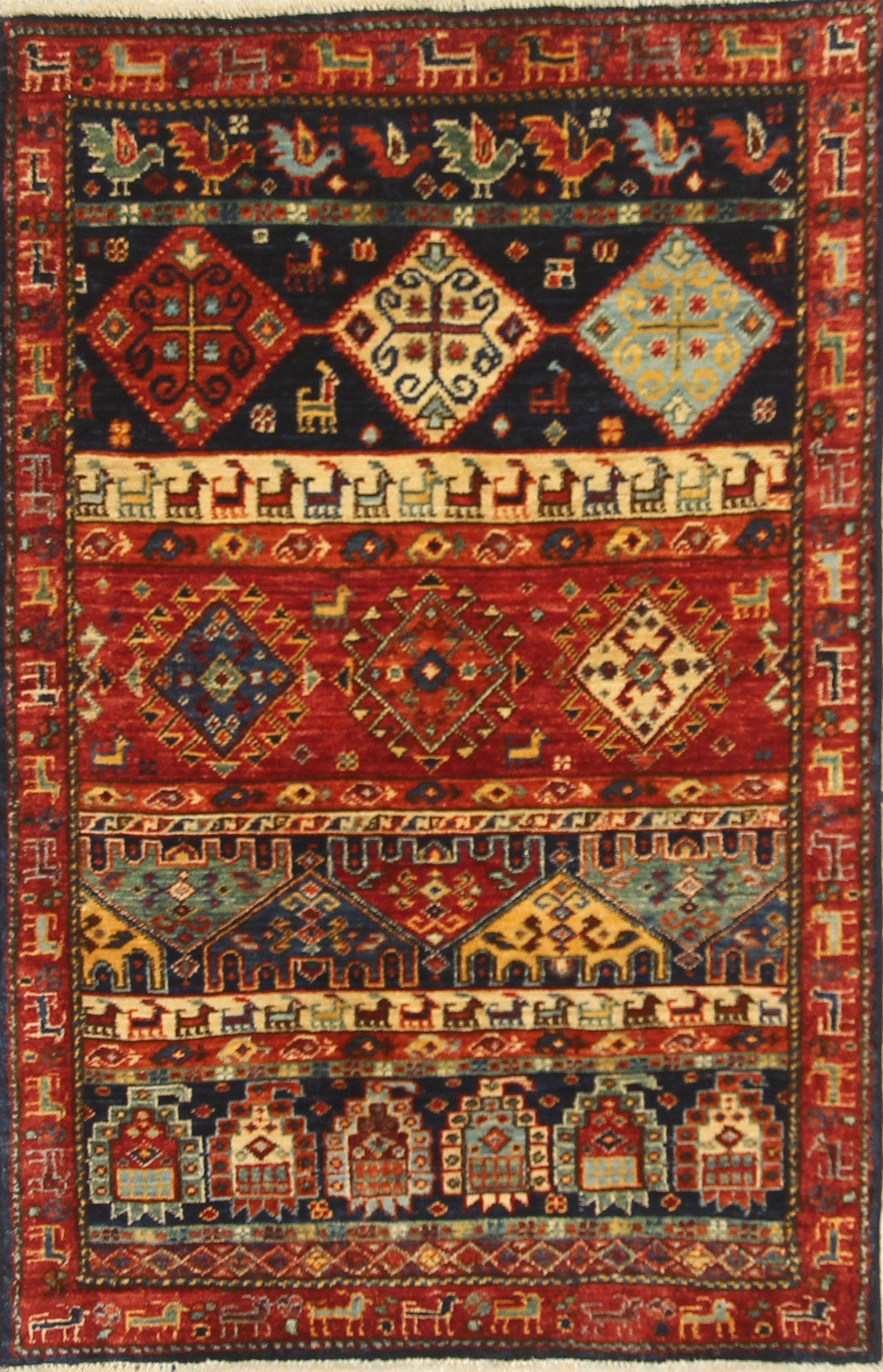 3x4 Gabbeh Red Navy Blue Nomadic Tribal Hand knotted Rug - Yildiz Rugs